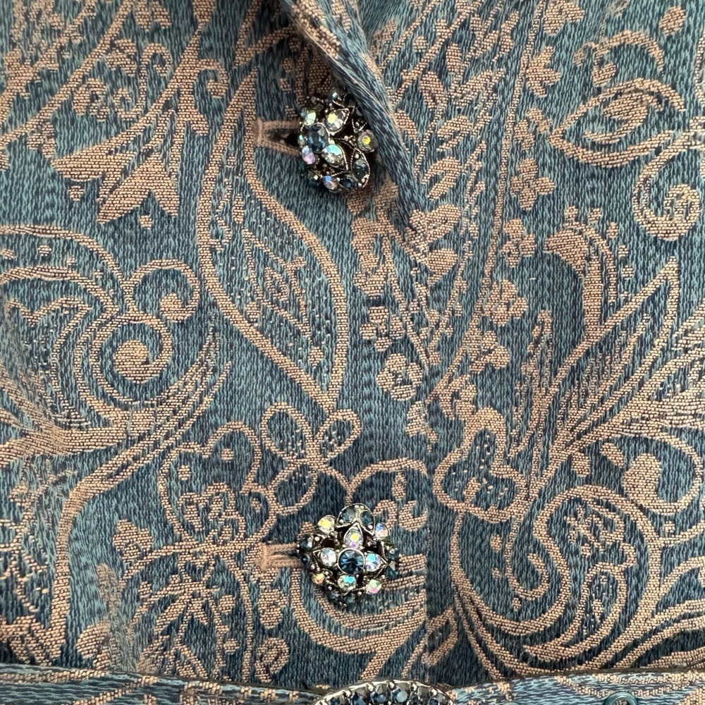 Biacci Jacquard Paisley Blazer Sz 6 Teal Bronze Jeweled Belted Jacket - Picture 9 of 13
